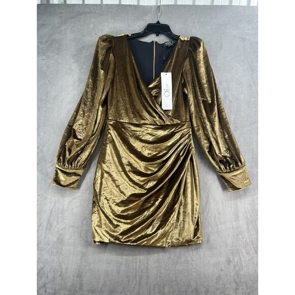 PatBO Metallic Velvet Mini Dress Size 10 Gold V Neck Womens Dress Empire Waist - Picture 2 of 14